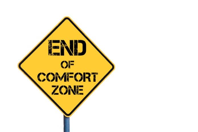 Yellow roadsign with End Of Comfort Zone message